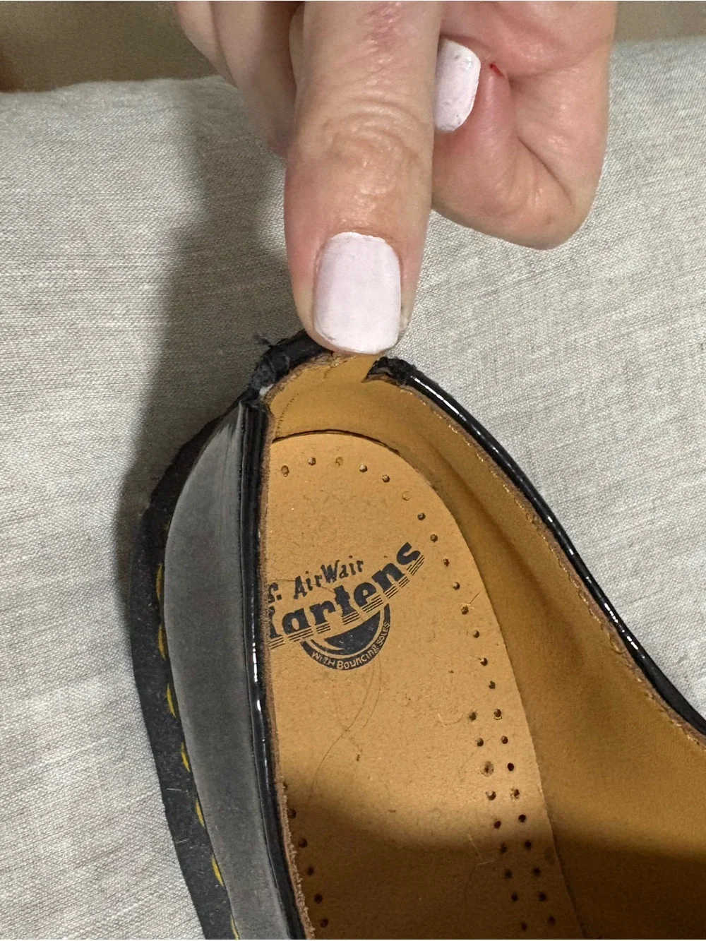 Dr. Martens Black Patent 3-Eye Derby Shoes with Yellow Stitching